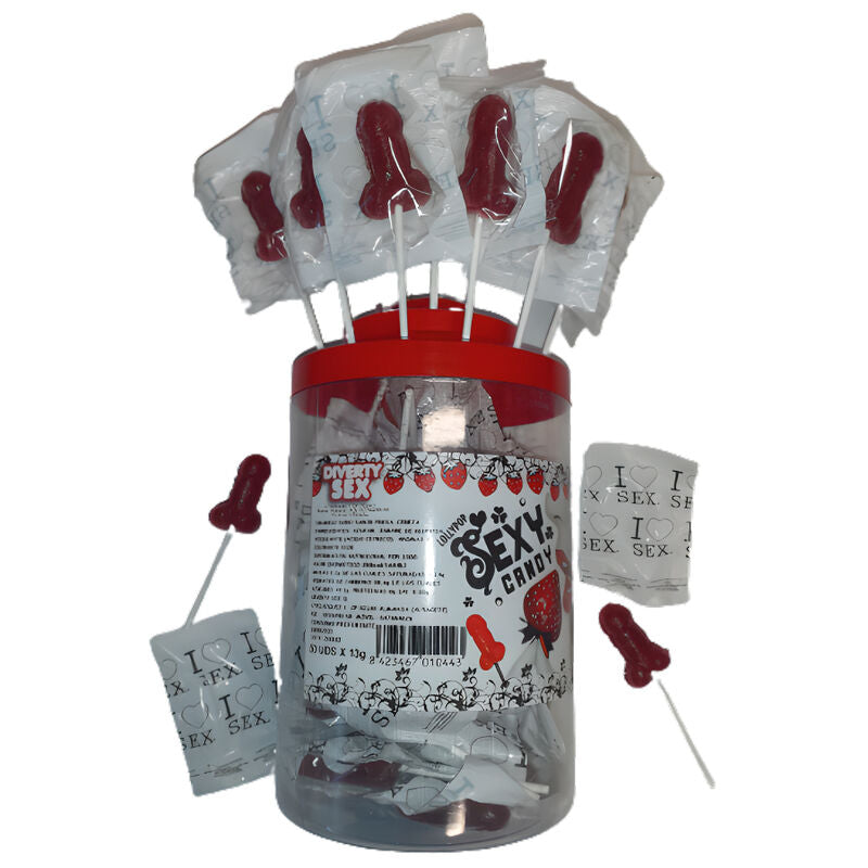 DIABLO PICANTE - BOTE 50 PIRULETAS PITO CARAMELO FRESA Y CEREZA 50 UNIDADES DIABLO PICANTE