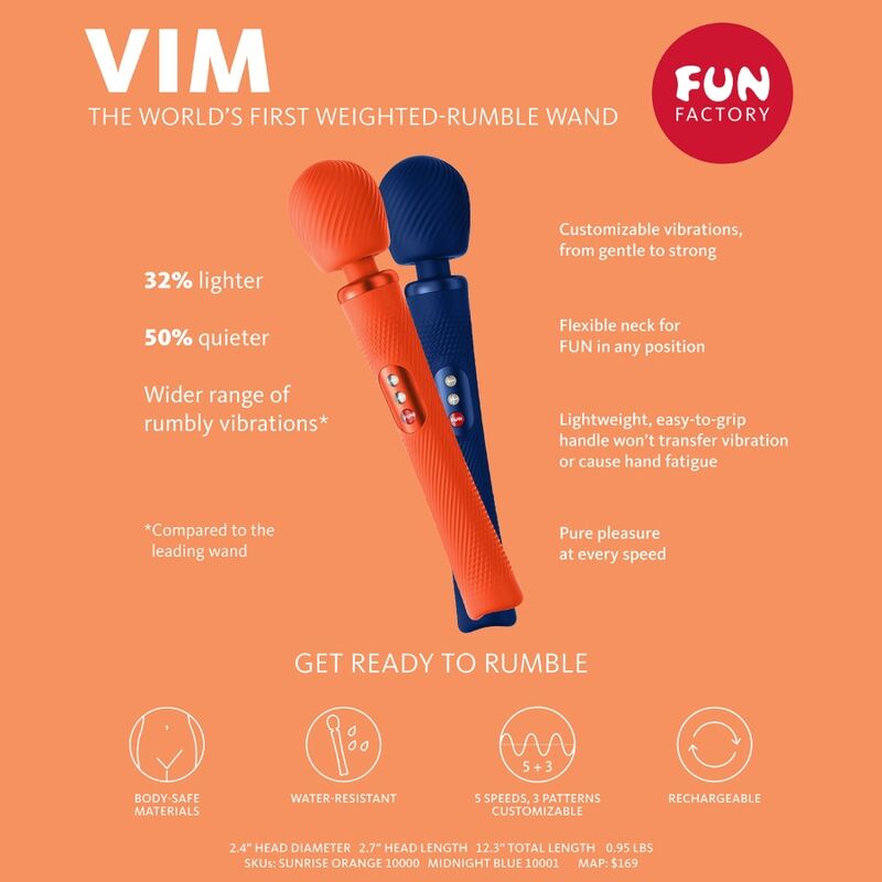 FUN FACTORY - VIM WAND RUMBLE VIBRADOR RECARGABLE SILICONA NARANJA FUN FACTORY