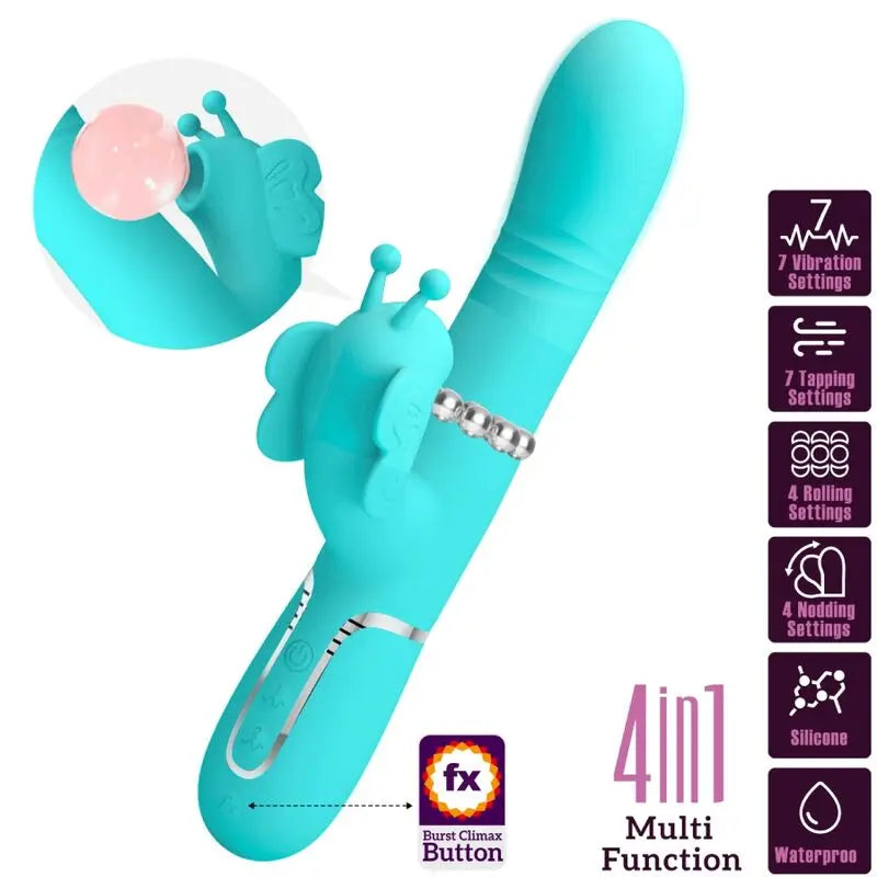 PRETTY LOVE - VIBRADOR RABBIT MULTIFUNCIÓN 4 EN 1 MARIPOSA VERDE AGUA PRETTY LOVE FLIRTATION