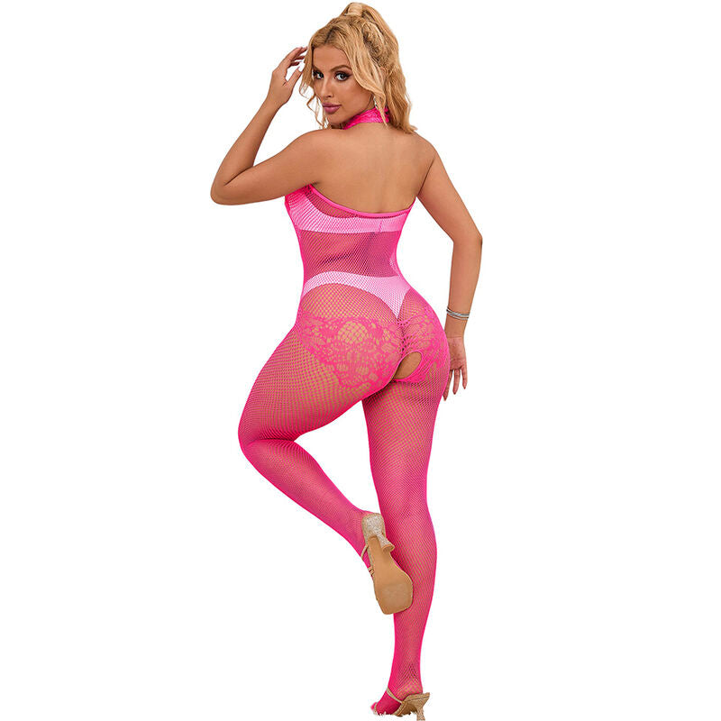 SUBBLIME - 952389 BODYSTOCKING CROTCHLESS DE REJILLA Y ENCAJE CON CUELLO ALTO ROSA TALLA ÚNICA SUBBLIME BODYSTOCKINGS