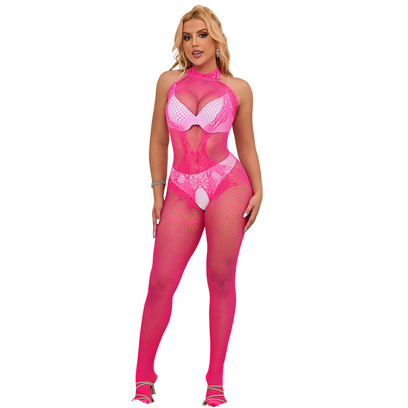 SUBBLIME - 952389 BODYSTOCKING CROTCHLESS DE REJILLA Y ENCAJE CON CUELLO ALTO ROSA TALLA ÚNICA SUBBLIME BODYSTOCKINGS