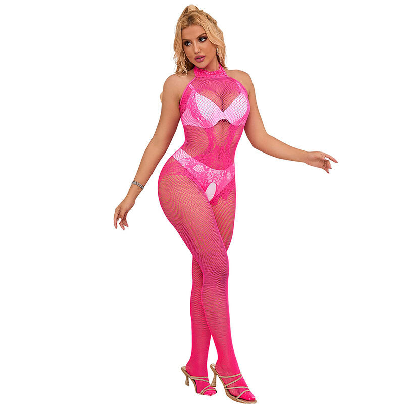 SUBBLIME - 952389 BODYSTOCKING CROTCHLESS DE REJILLA Y ENCAJE CON CUELLO ALTO ROSA TALLA ÚNICA SUBBLIME BODYSTOCKINGS