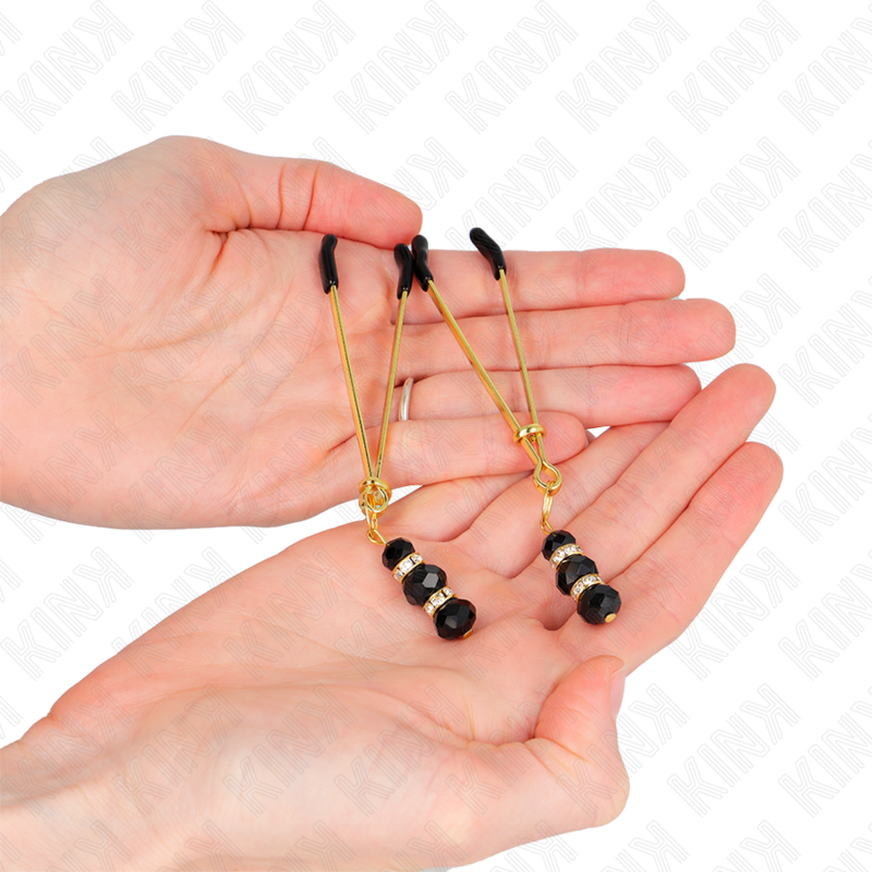 KINK - PINZAS PARA PEZONES DORADA FINA CON TRIPLE BOLA DE VIDRIO NEGRO 7 CM KINK NIPPLE GRIP
