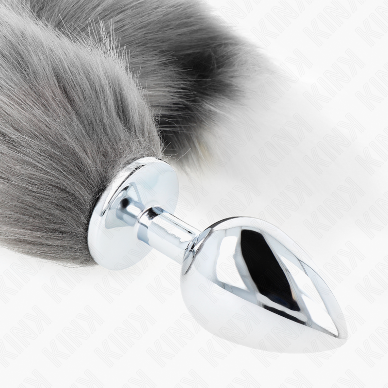 KINK - PLUG ANAL TALLA L 10 X 4 CM CON COLA SINTÉTICA 40 CM PLATEADO Y BLANCO KINK PLEASURE PLUGS