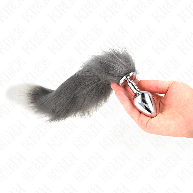 KINK - PLUG ANAL TALLA M 8 X 3.5 CM CON COLA SINTÉTICA 40 CM PLATEADO Y BLANCO KINK PLEASURE PLUGS