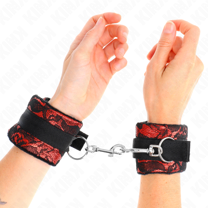 KINK - MUÑEQUERAS CORTAS DE ENCAJE TERCIOPELO Y UNIÓN DE NYLON ROJO/NEGRO 23 X 6.5 CM KINK WRIST RESTRAINT