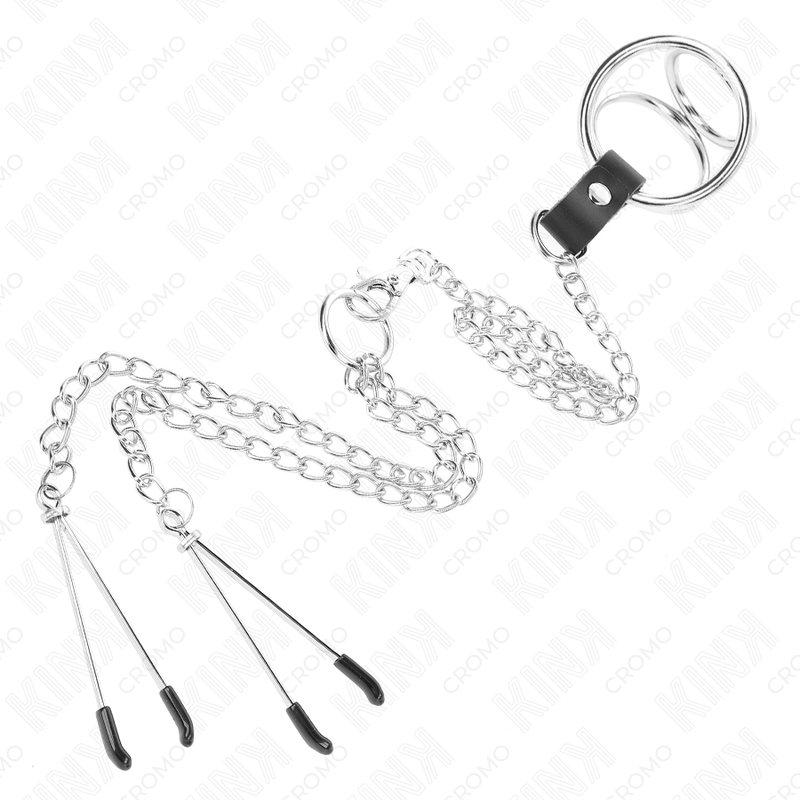 KINK - ANILLO PENE TRIPLE METAL CROMADO 3 CM A 4.5 CM CON CADENA METAL 26 CM Y PINZAS PARA PEZONES KINK RING POWER