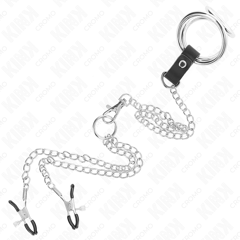 KINK - ANILLO PENE TRIPLE METAL CROMADO 3 CM A 4.5 CM CON CADENA METAL 26 CM Y PINZAS PARA PEZONES KINK RING POWER