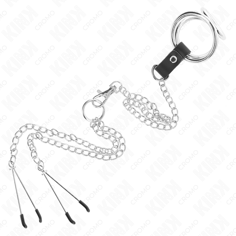 KINK - ANILLO PENE TRIPLE METAL CROMADO 3.8 CM A 5 CM CADENA METAL 26 CM Y PINZAS PARA PEZONES MODELO 2 KINK RING POWER