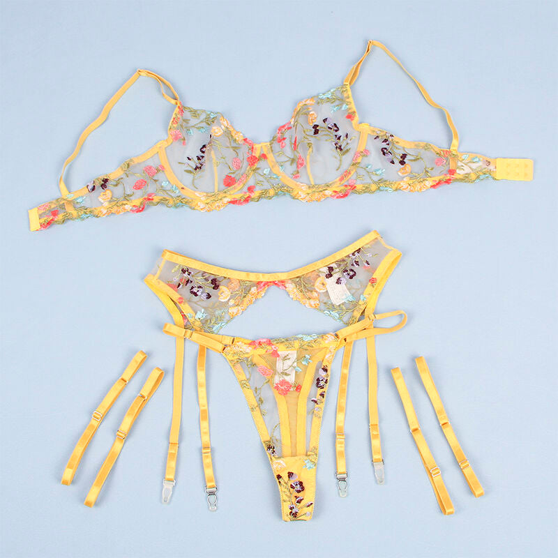 SUBBLIME - 954345 SUJETADOR + TANGA + LIGUEROS DISEÑO FLORAL AMARILLO S/M SUBBLIME SETS