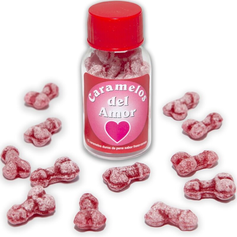 DIABLO PICANTE - 12 CARAMELOS DEL AMOR FORMA PENE FRESA/CEREZA DIABLO PICANTE