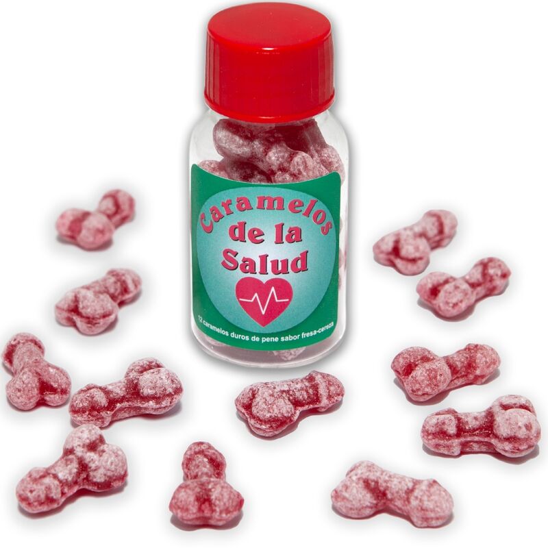 DIABLO PICANTE - 12 CARAMELOS DE LA SALUD FORMA PENE FRESA/CEREZA DIABLO PICANTE