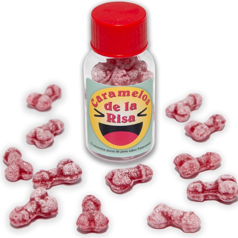 DIABLO PICANTE - 12 CARAMELOS DE LA RISA FORMA PENE FRESA/CEREZA DIABLO PICANTE
