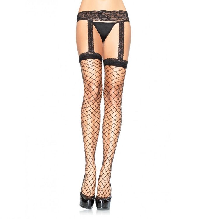 LEG AVENUE - MEDIAS DE RED CON LIGUERO DE ENCAJE NEGRO LEG AVENUE HOSIERY