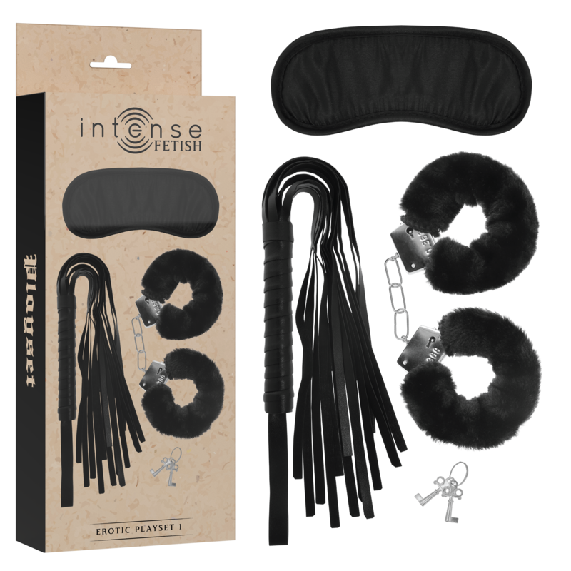 INTENSE - FETISH SET ERÓTICO 1 CON ESPOSAS, ANTIFAZ Y LÁTIGO DE CUERO VEGANO INTENSE FETISH