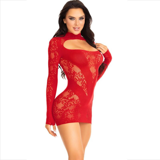 LEG AVENUE - MINI VESTIDO DE ENCAJE CON MANGA LARGA ROJO LEG AVENUE DRESSES
