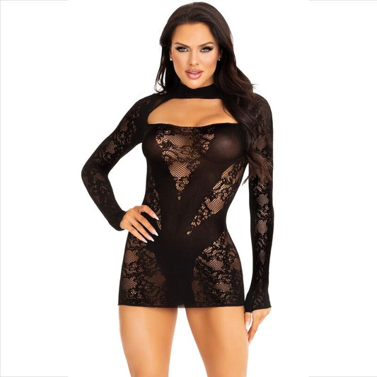 LEG AVENUE - MINI VESTIDO DE ENCAJE CON MANGA LARGA NEGRO LEG AVENUE DRESSES