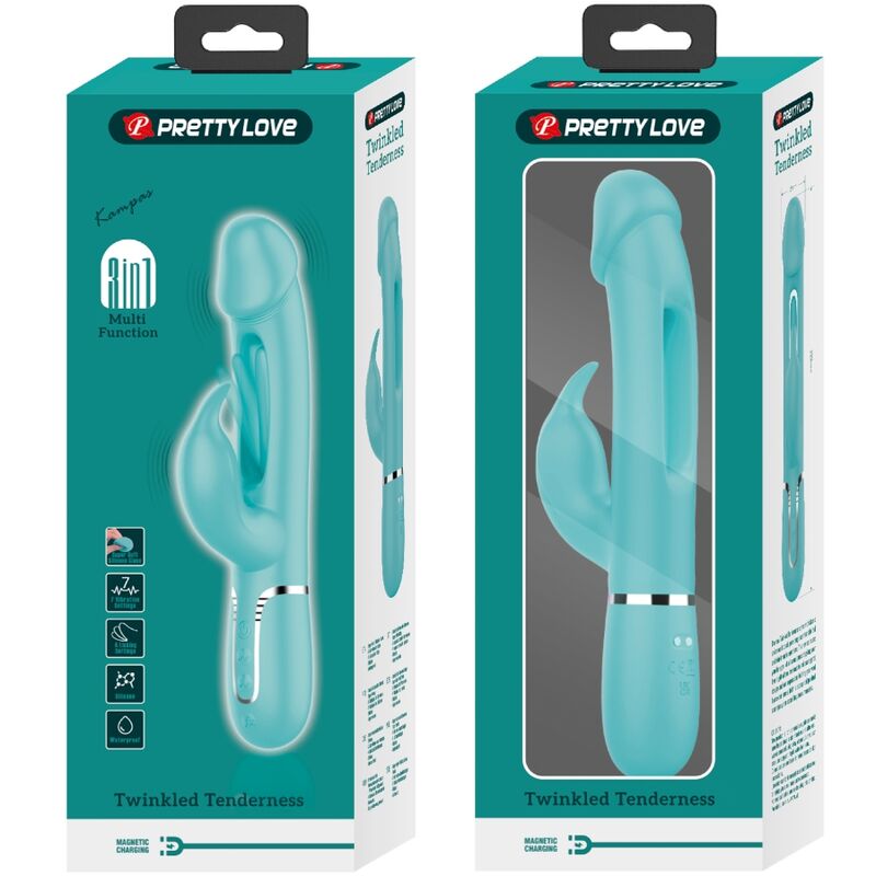 PRETTY LOVE - KAMPAS VIBRADOR RABBIT 3 EN 1 MULTIFUNCIÓN CON LENGUA VERDE AGUA PRETTY LOVE FLIRTATION