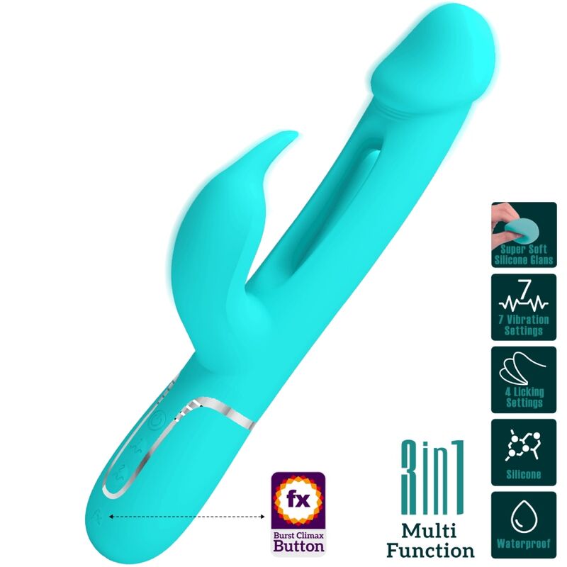 PRETTY LOVE - KAMPAS VIBRADOR RABBIT 3 EN 1 MULTIFUNCIÓN CON LENGUA VERDE AGUA PRETTY LOVE FLIRTATION