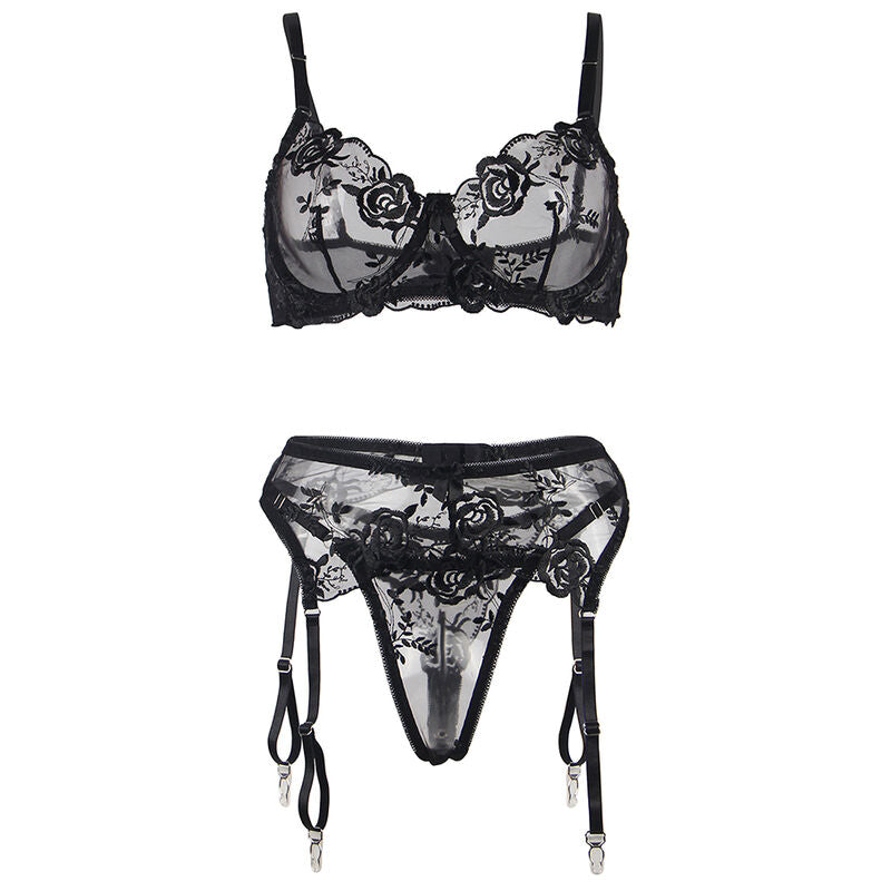 SUBBLIME - SET DE 3 PIEZAS SUJETADOR + TANGA + LIGA ESTAMPADO FLORAL NEGRO S/M SUBBLIME SETS
