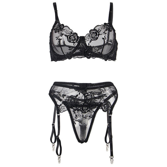 SUBBLIME - SET DE 3 PIEZAS SUJETADOR + TANGA + LIGA ESTAMPADO FLORAL NEGRO S/M SUBBLIME SETS