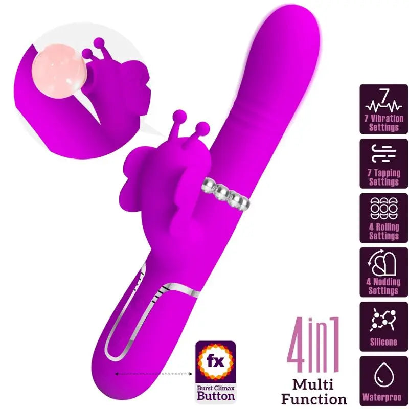 PRETTY LOVE - VIBRADOR RABBIT MULTIFUNCIÓN 4 EN 1 MARIPOSA FUCSIA PRETTY LOVE FLIRTATION