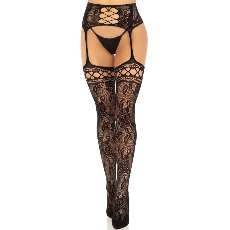 LEG AVENUE - MEDIAS DE LIGUERO ENCAJE FLORAL NEGRO LEG AVENUE HOSIERY