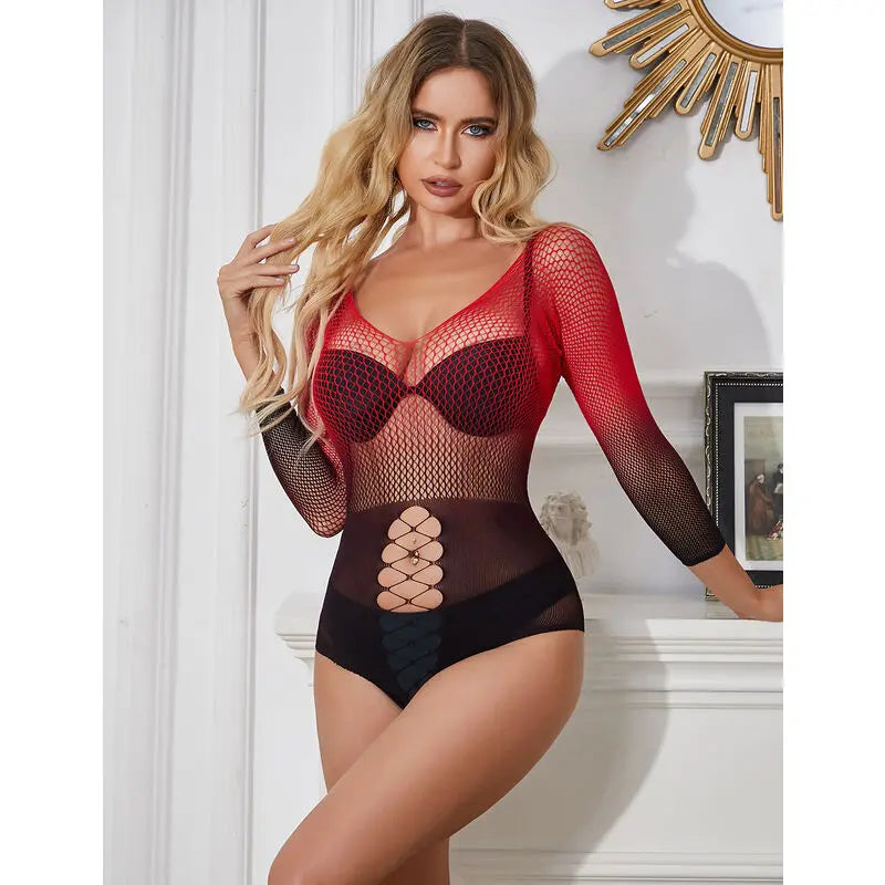 SUBBLIME - 952259 VESTIDO DE REJILLA ELÁSTICO MANGA LARGA DEGRADADO ROJO Y NEGRO TALLA ÚNICA SUBBLIME DRESSES