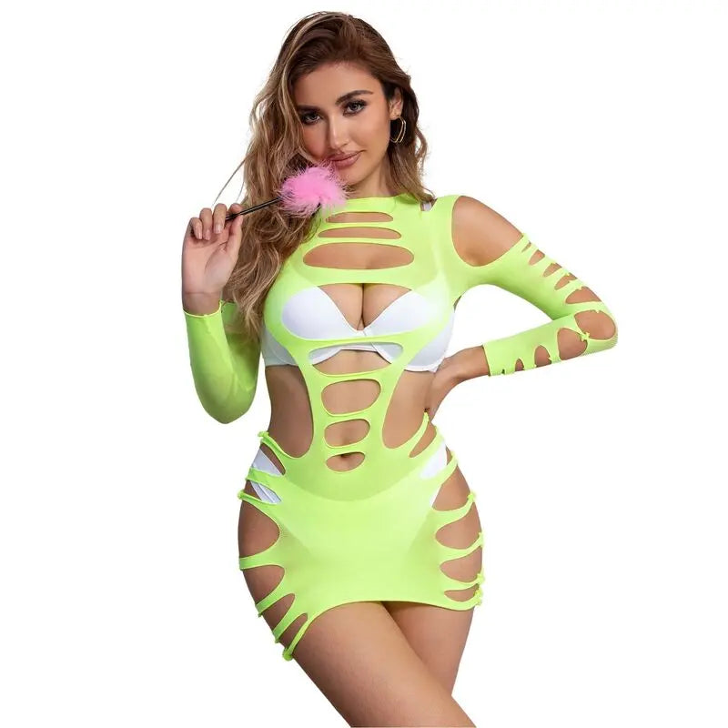 SUBBLIME - 952280 VESTIDO DE REJILLA ELÁSTICO MANGA LARGA VERDE TALLA ÚNICA SUBBLIME DRESSES