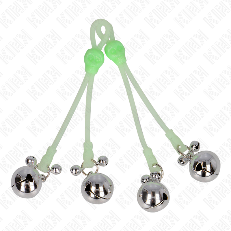 KINK - PINZAS PARA PEZONES LUMINOSAS FORMA CALABERA CON CASCABEL SONORO AJUSTABLE VERDE / PLATEADO KINK NIPPLE GRIP