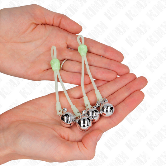 KINK - PINZAS PARA PEZONES LUMINOSAS FORMA CALABERA CON CASCABEL SONORO AJUSTABLE VERDE / PLATEADO KINK NIPPLE GRIP