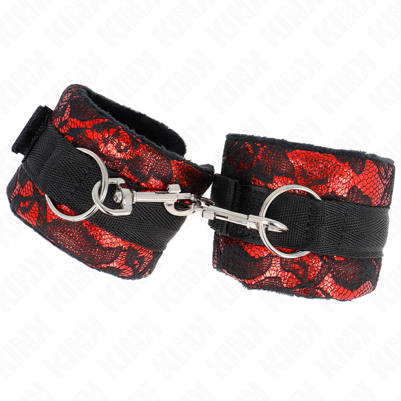 KINK - MUÑEQUERAS CORTAS DE ENCAJE TERCIOPELO Y UNIÓN DE NYLON ROJO/NEGRO 23 X 6.5 CM KINK WRIST RESTRAINT