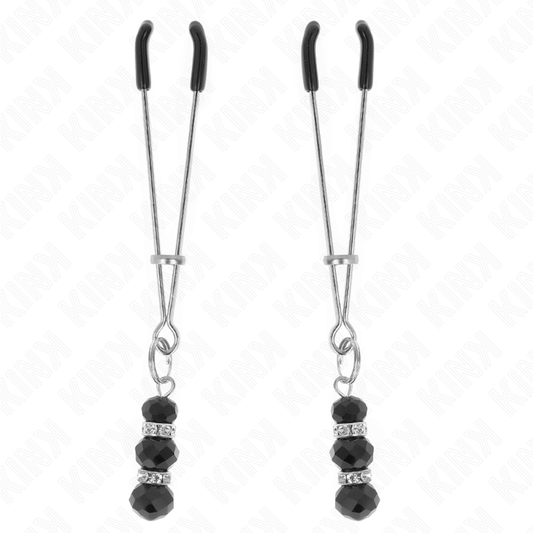 KINK - PINZAS PARA PEZONES PLATEADA FINA CON TRIPLE BOLA DE VIDRIO NEGRO 7 CM KINK NIPPLE GRIP