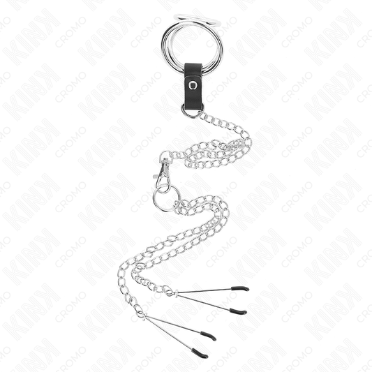 KINK - ANILLO PENE TRIPLE METAL CROMADO 3 CM A 4.5 CM CON CADENA METAL 26 CM Y PINZAS PARA PEZONES KINK RING POWER