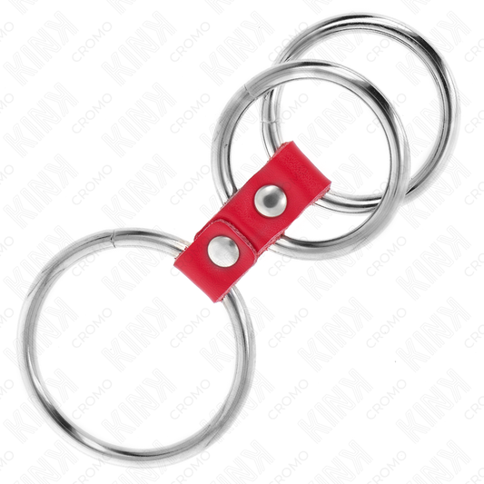 KINK - ANILLO PENE TRIPLE METAL 3.7 CM A 5 CM CONECTADOS CON CUERO ROJO KINK RING POWER
