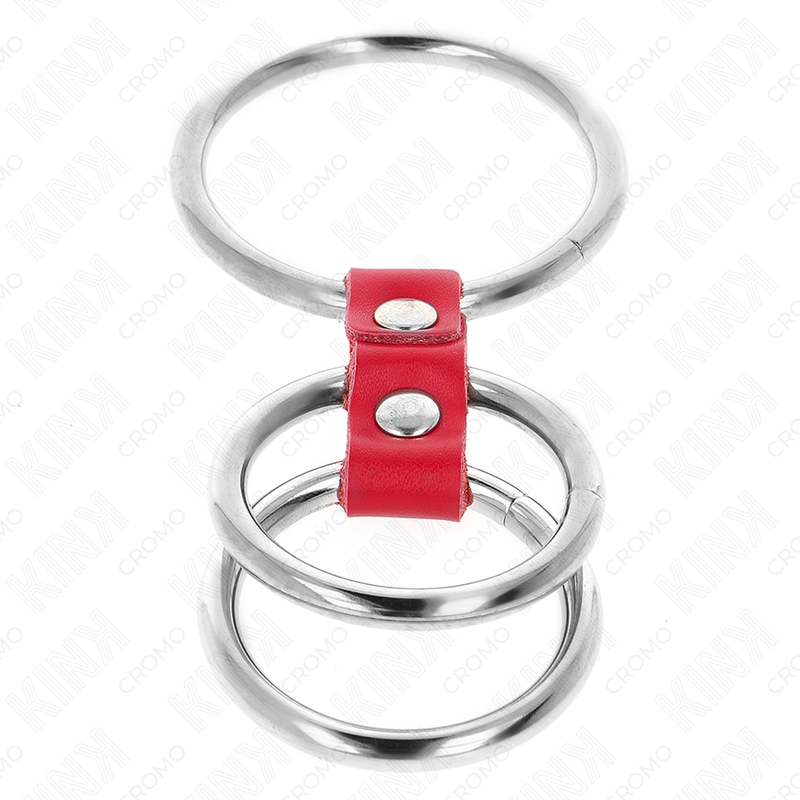 KINK - ANILLO PENE TRIPLE METAL 3.7 CM A 5 CM CONECTADOS CON CUERO ROJO KINK RING POWER