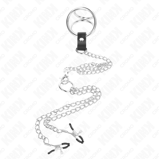 KINK - ANILLO PENE TRIPLE METAL CROMADO 3.8 CM A 5 CM CON CADENA METAL 26 CM Y PINZAS PARA PEZONES MODELO 1 KINK RING POWER