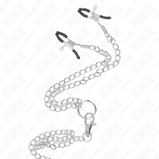KINK - ANILLO PENE TRIPLE METAL CROMADO 3 CM A 4.5 CM CON CADENA METAL 26 CM Y PINZAS PARA PEZONES KINK RING POWER