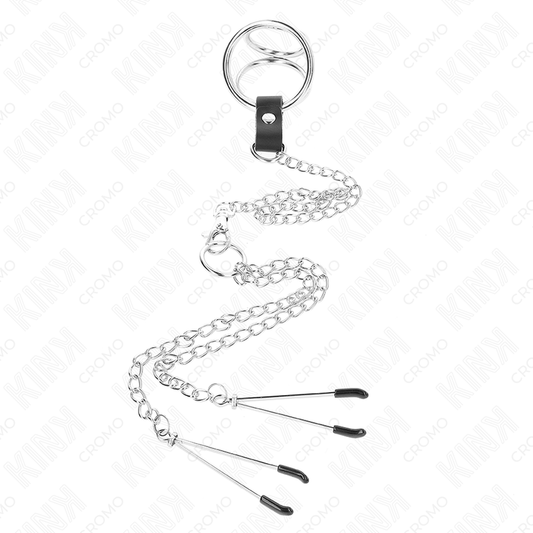 KINK - ANILLO PENE TRIPLE METAL CROMADO 3.8 CM A 5 CM CADENA METAL 26 CM Y PINZAS PARA PEZONES MODELO 2 KINK RING POWER