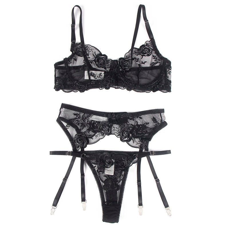 SUBBLIME - 945237 SUJETADOR + PANTIES CON LIGUERO DISEÑO FLORAL NEGRO S/M SUBBLIME SETS