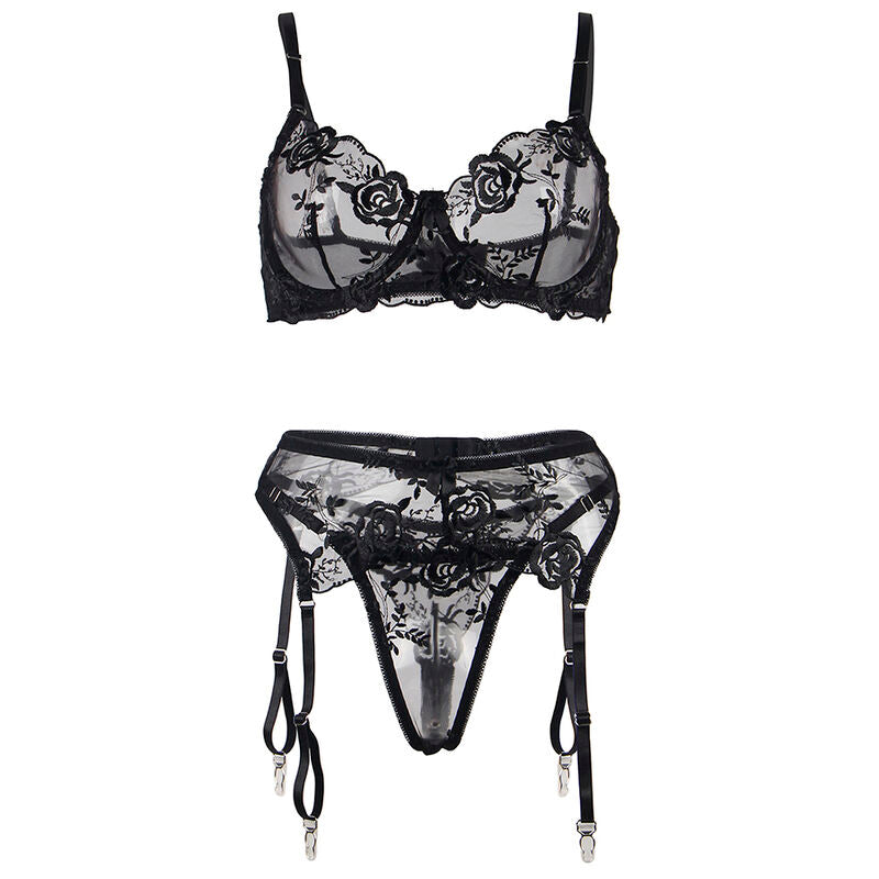 SUBBLIME - 945237 SUJETADOR + PANTIES CON LIGUERO DISEÑO FLORAL NEGRO S/M SUBBLIME SETS