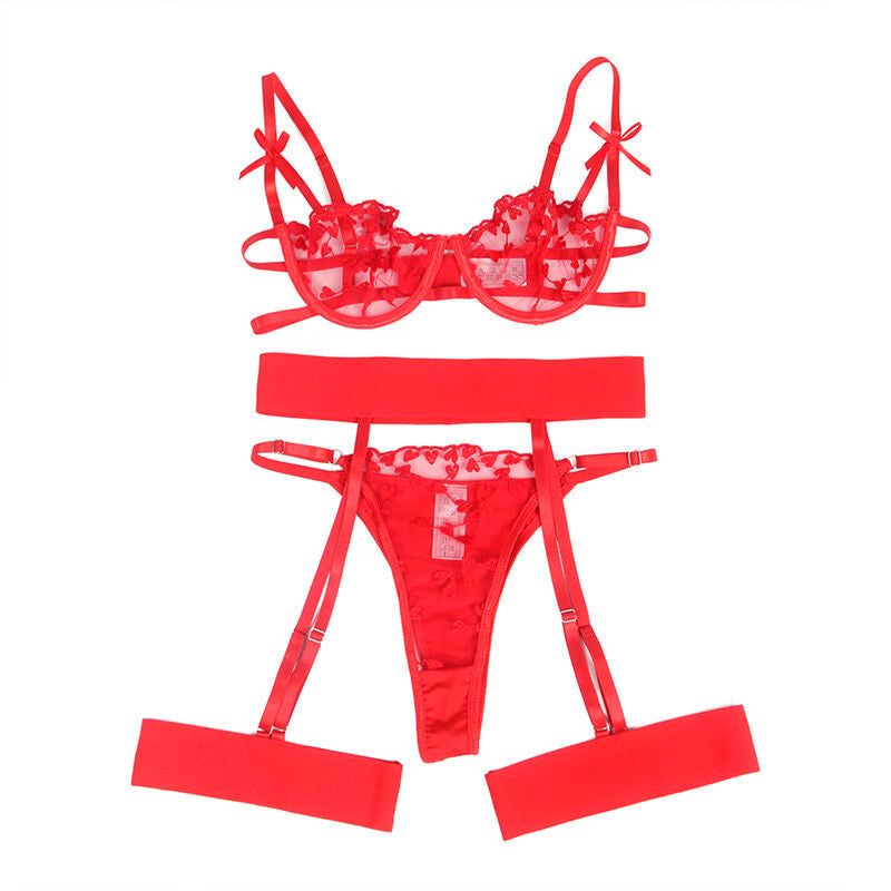 SUBBLIME - 954338 SUJETADOR + TANGA + LIGUEROS ESTAMPADO DE CORAZONES ROJO L/XL SUBBLIME SETS