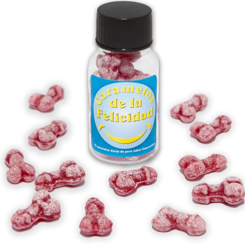 DIABLO PICANTE - BOTE 12 CARAMELOS DE LA FELICIDAD FORMA PENE FRESA/CEREZA DIABLO PICANTE