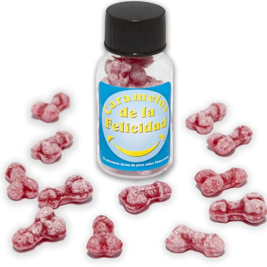 DIABLO PICANTE - BOTE 12 CARAMELOS DE LA FELICIDAD FORMA PENE FRESA/CEREZA DIABLO PICANTE