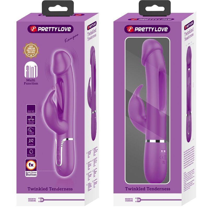 PRETTY LOVE - KAMPAS VIBRADOR RABBIT MULTIFUNCIÓN 3 EN 1 MORADO PRETTY LOVE