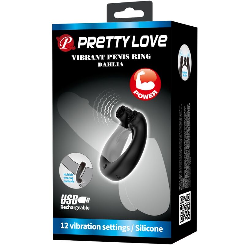 PRETTY LOVE - DAHLIA ANILLO VIBRADOR + ESTIMULADOR DE CLÍTOIS 12 VIBRACIONES NEGRO PRETTY LOVE