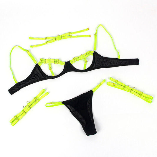 SUBBLIME - 955274 SET SUJETADOR CON COLLAR Y DETALLES PARA PIERNAS VERDE FLUORESCENTE S/M SUBBLIME SETS