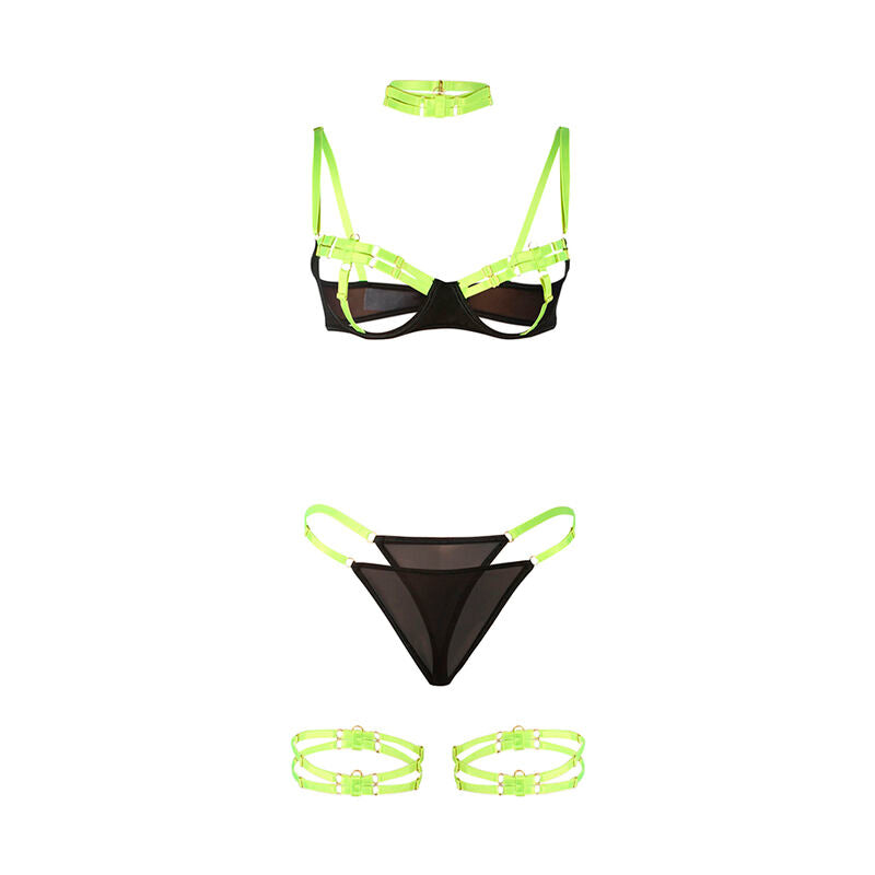 SUBBLIME - 955274 SET SUJETADOR CON COLLAR Y DETALLES PARA PIERNAS VERDE FLUORESCENTE S/M SUBBLIME SETS