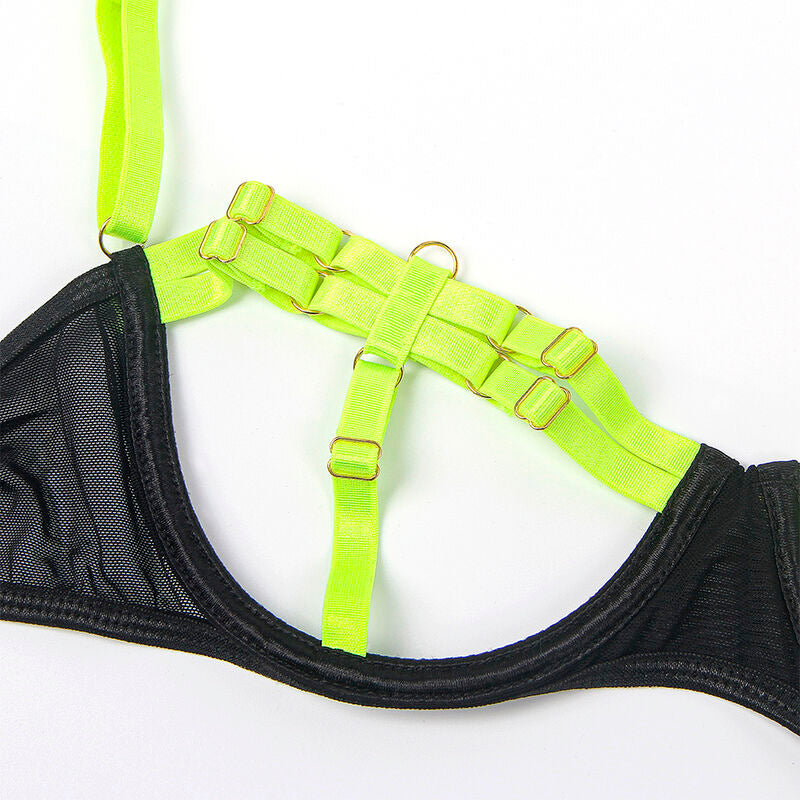 SUBBLIME - 955274 SET SUJETADOR CON COLLAR Y DETALLES PARA PIERNAS VERDE FLUORESCENTE S/M SUBBLIME SETS