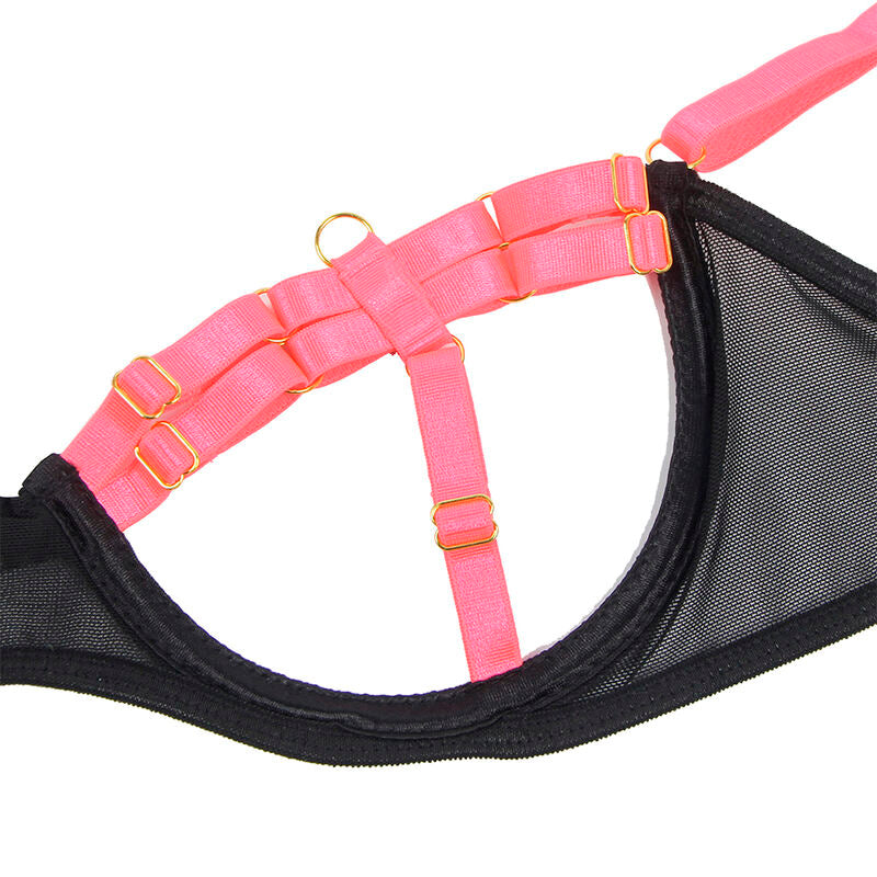 SUBBLIME - 955298 SET SUJETADOR CON COLLAR Y DETALLES PARA PIERNAS ROSA FLUORESCENTE S/M SUBBLIME SETS
